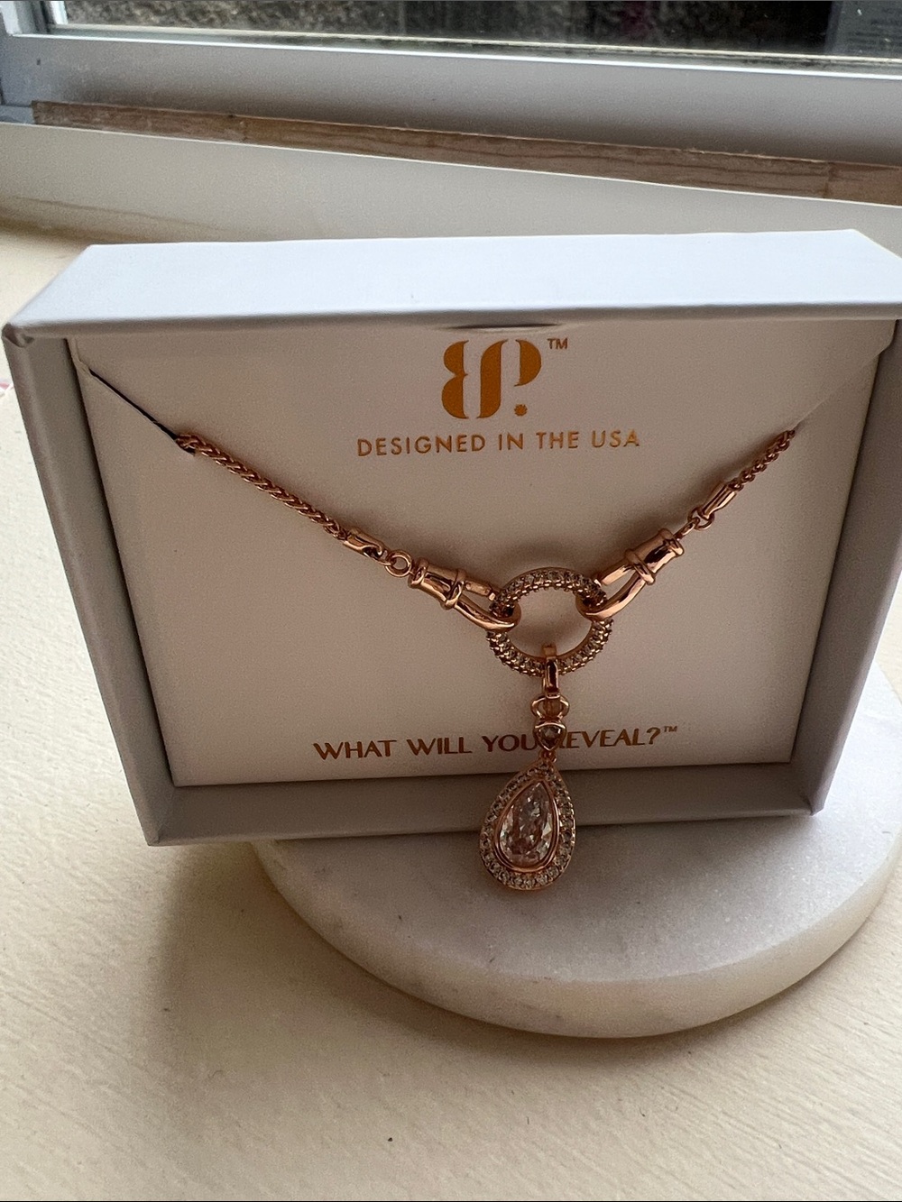 bp Rose Gold Teardrop Pendant Necklace with PavΓ© Accents